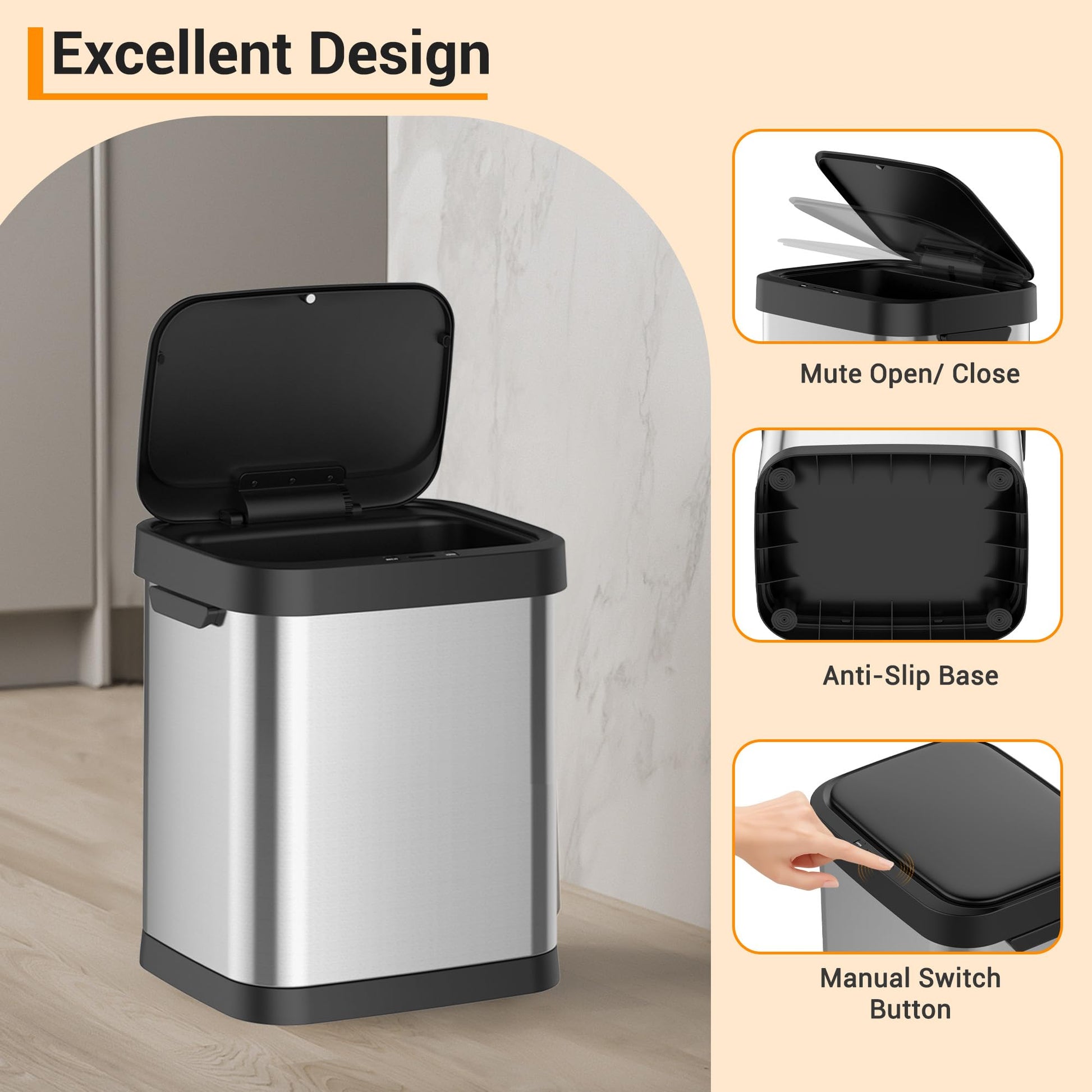 Pattumiera Garvee da 7,9 galloni/30 litri in acciaio inox con sensore di movimento e coperchio a chiusura ammortizzata per cucina e bagno, rettangolare