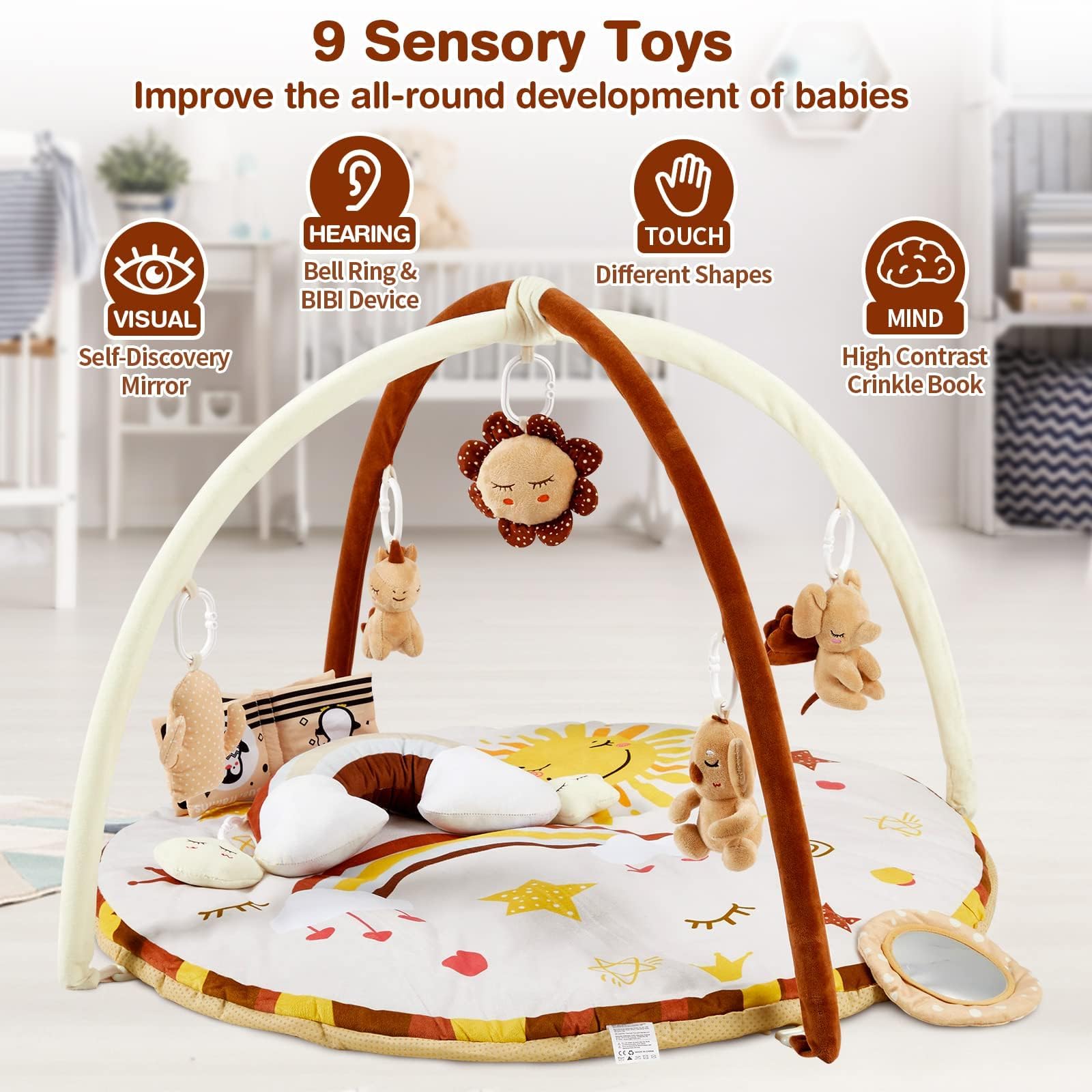 Tappetino da gioco per bambini Garvee con 9 giocattoli staccabili, sviluppo sensoriale e motorio, antiscivolo, in morbido poliestere, per uso domestico, colori neutri