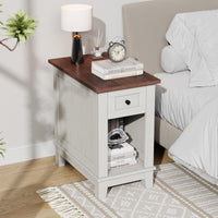 Tavolino laterale stretto Garvee con stazione di ricarica, 2 porte USB e 2 porte CA, in legno MDF per soggiorno e camera da letto, robusto, spazio di archiviazione, colori del legno