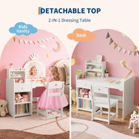 Tavolo da toeletta per bambini Garvee con specchio illuminato, set da toeletta 2 in 1 da principessa, in legno, con contenitore e mensola, cassaforte, per la cameretta delle bambine, bianco