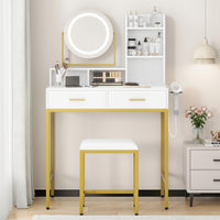 Garvee - Sgabello da parrucchiere moderno con specchio girevole a 360°, porte USB, 2 cassetti, in legno, comodo sgabello per camera da letto e spogliatoio, bianco e nero