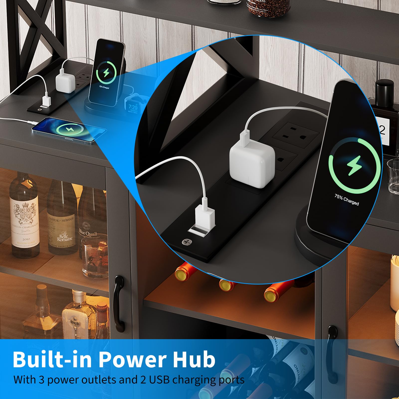 Mobile bar per vino Garvee con portabottiglie, luce LED RGB, stazione di ricarica, ripiani regolabili, legno, in piedi per cucina e soggiorno