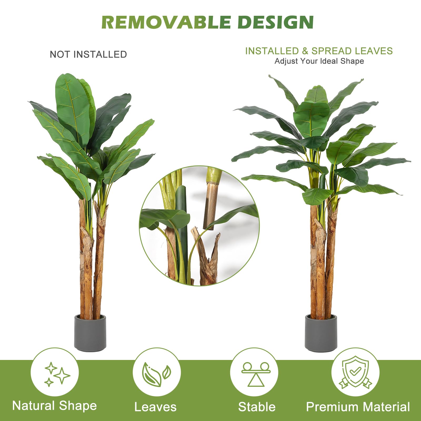 Albero di banano artificiale Garvee da 6 piedi con 21 foglie, fioriera grigia, rami regolabili per casa e ufficio, materiale PE resistente, vaso di cemento stabile