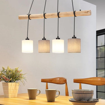 Lampada da tavolo da pranzo moderna in legno retrò GARVEE | Altezza regolabile fino a 135 cm e 4 paralumi in tessuto | Decorazione per soggiorno, sala da pranzo