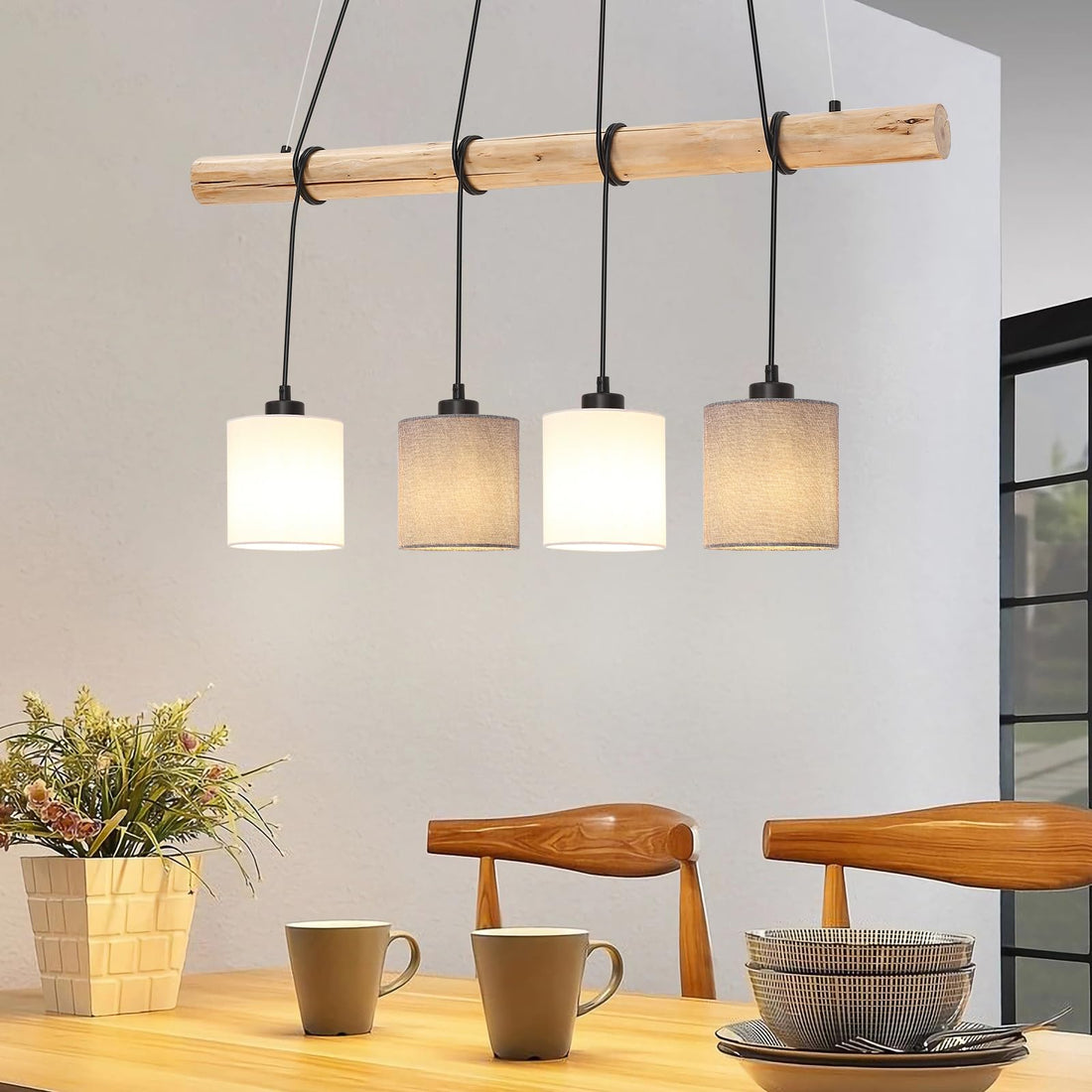 Garvee Lampada A Sospensione Da Tavolo In Legno 4 Lampadine Paralume In Tessuto Stile Moderno Bianco/Grigio Per Soggiorno Altezza Max 135 Cm