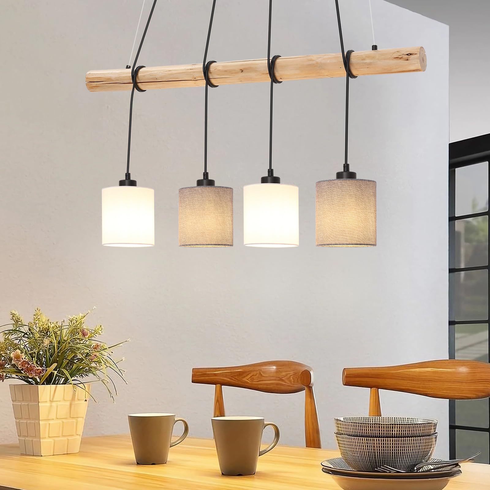 Garvee Lampada A Sospensione Da Tavolo In Legno 4 Lampadine Paralume In Tessuto Stile Moderno Bianco/Grigio Per Soggiorno Altezza Max 135 Cm