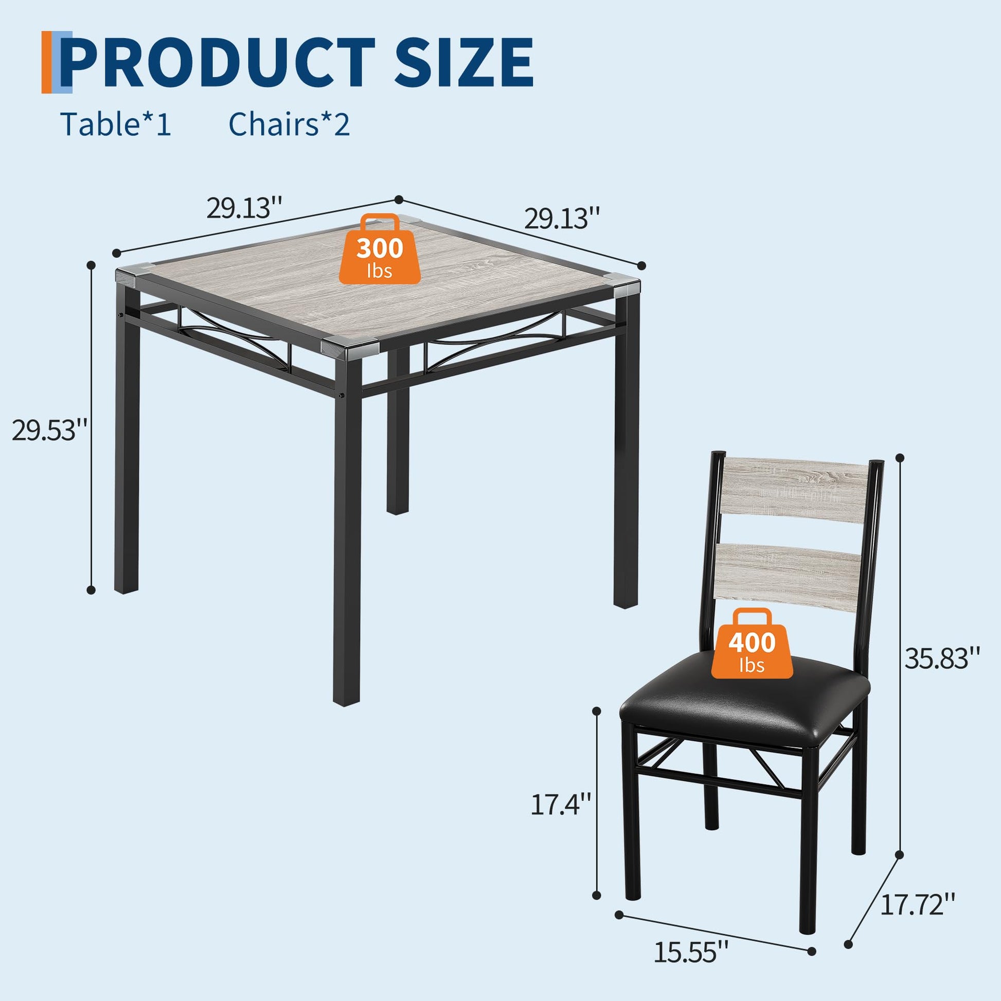 Set da pranzo Garvee per 2 persone con sedie imbottite, protezioni angolari, ergonomico, in legno MDF, struttura in acciaio, grigio retrò, compatto per cucina e appartamento