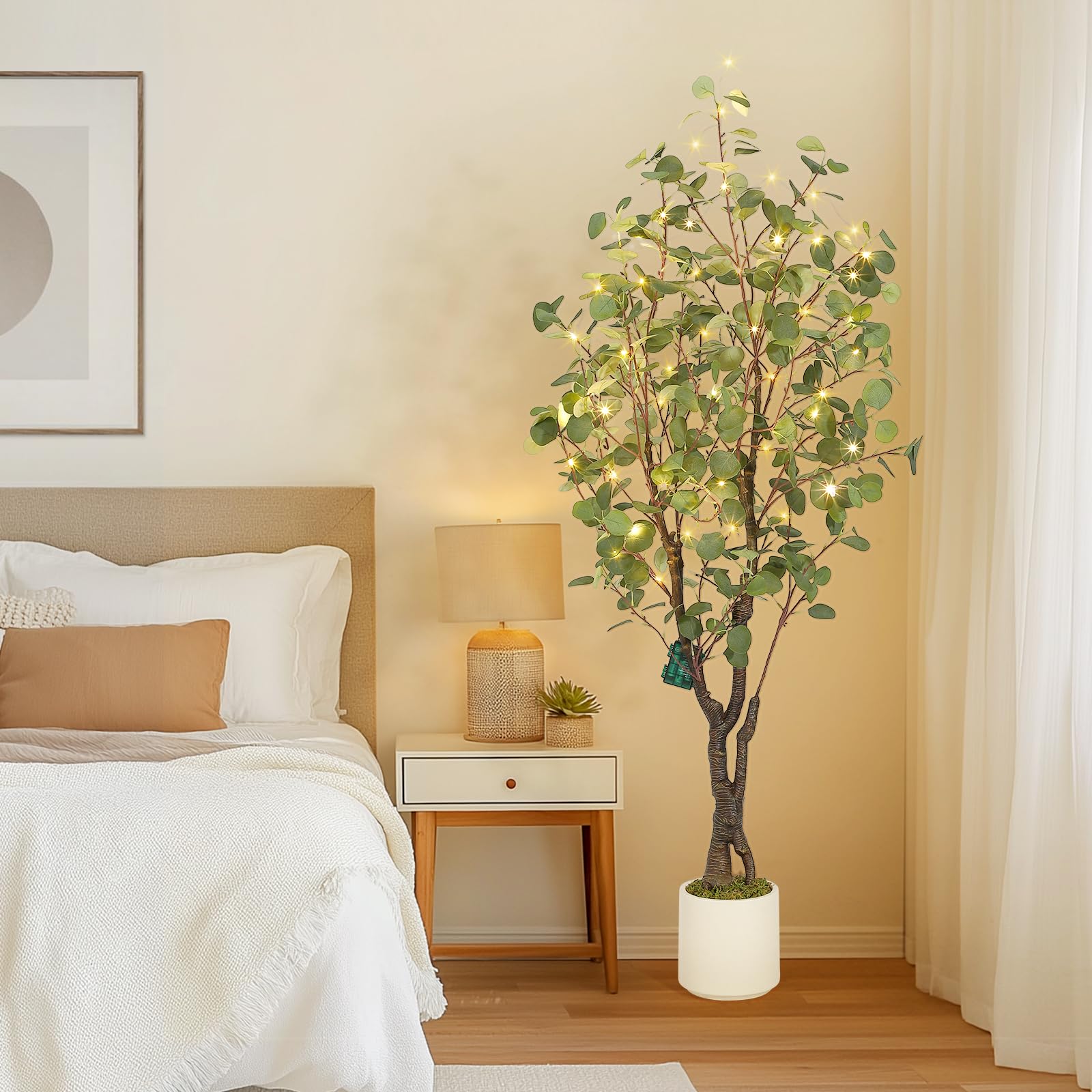 Albero di eucalipto artificiale Garvee da 1.5 m con 50 luci a LED, vaso di plastica, rami regolabili, facile da pulire per soggiorno e ufficio, bianco