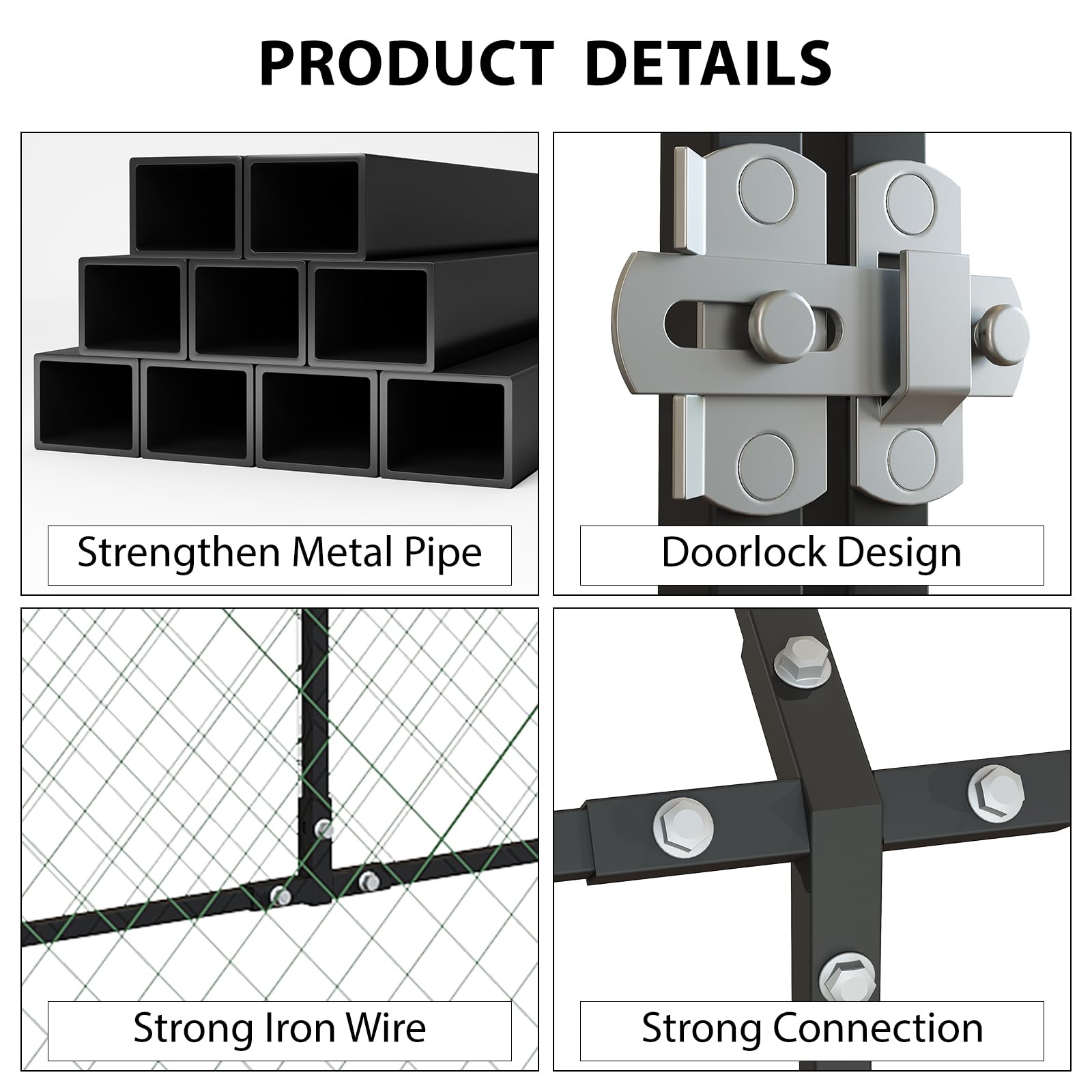 Pollaio Garvee grande 120x40x40 con 3 scomparti, resistente alle intemperie, struttura in acciaio robusto, protezione sicura per polli e conigli, nero