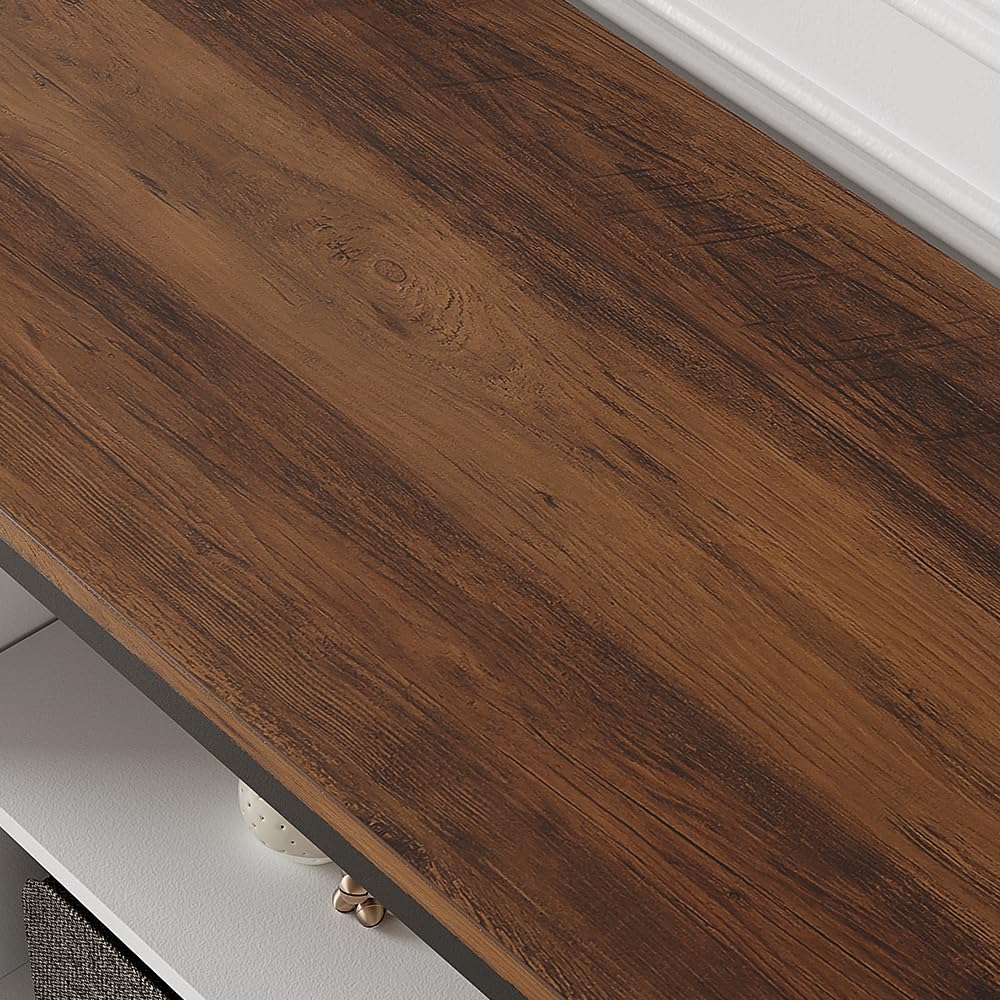 Mobile porta TV Garvee da 65" in stile rustico, bianco, con ante scorrevoli, ripiani regolabili per soggiorno, in MDF laminato