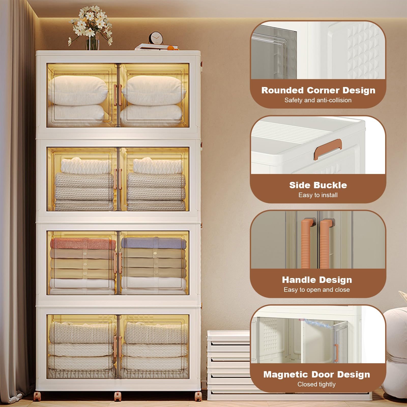 Contenitori impilabili in plastica Garvee, set da 4, 144 QT, con ante e ruote, trasparenti, per camera da letto e garage