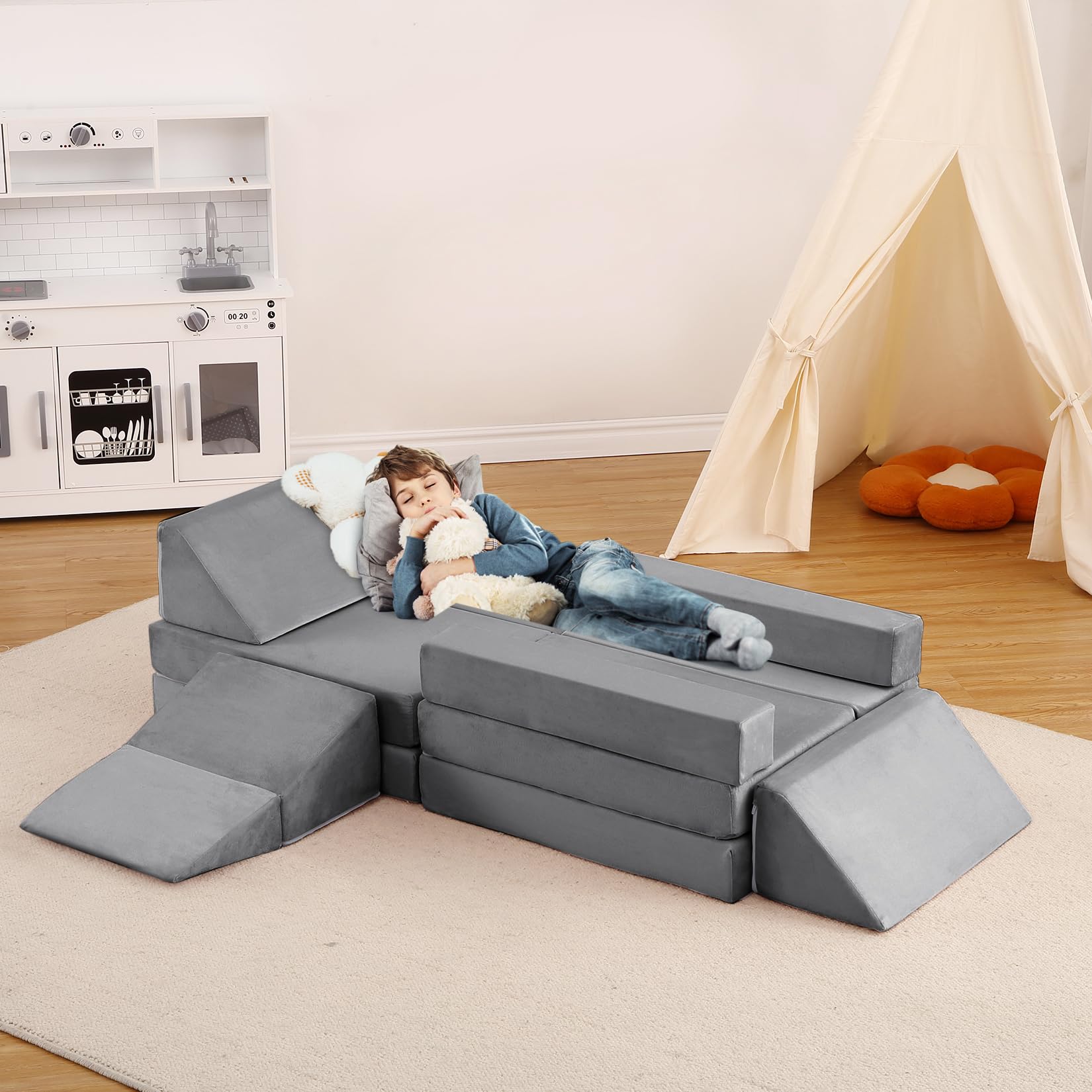 Divano modulare per bambini Garvee, set da 12 pezzi con piscina di palline per sala giochi, 47,2"x23,6"x11" grigio