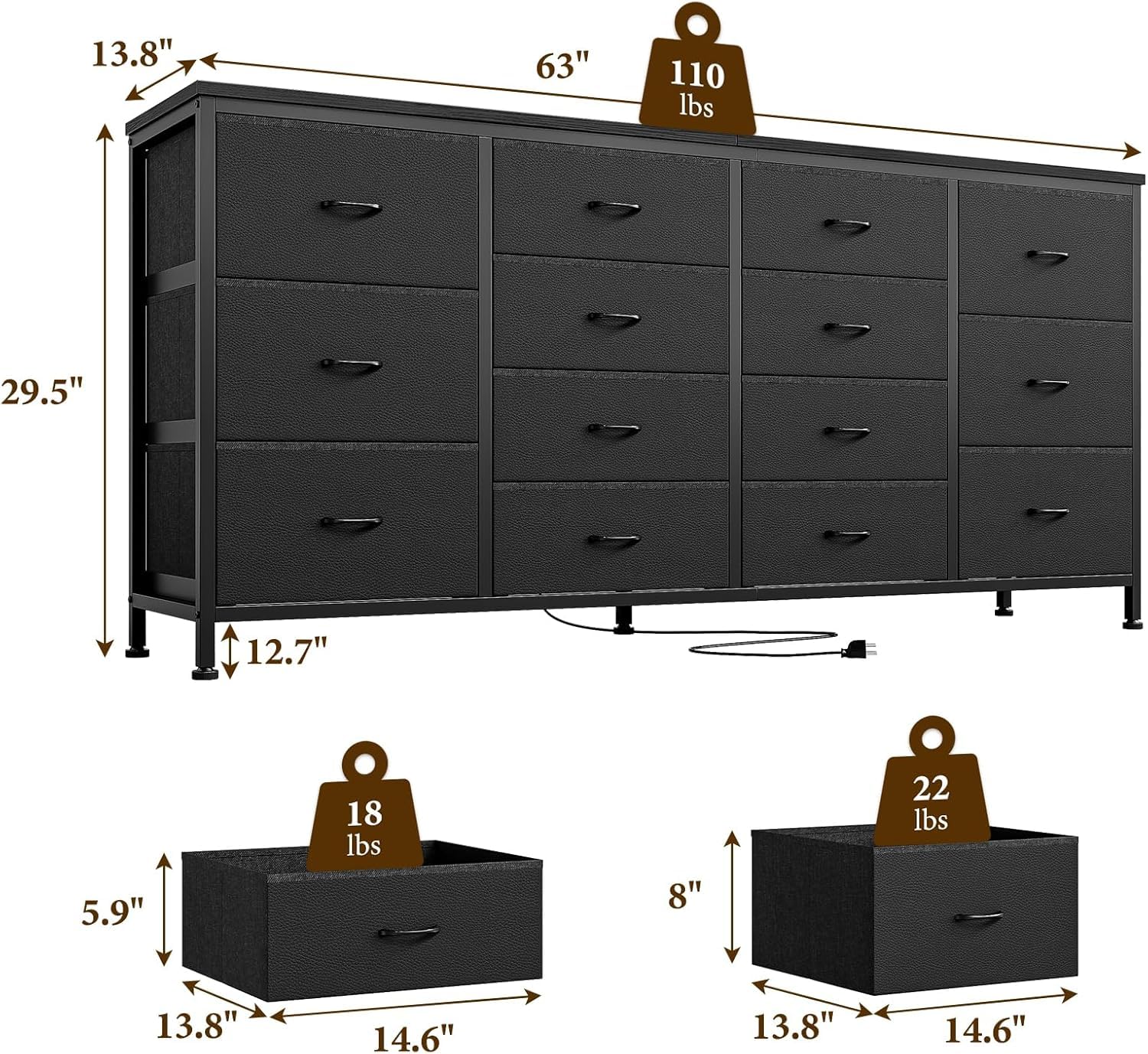 Mobile TV Garvee con 14 cassetti e prese di corrente, credenza bassa da 160 cm per TV da 75 pollici, set di sicurezza, mobile TV moderno per soggiorno e camera da letto, rovere bianco