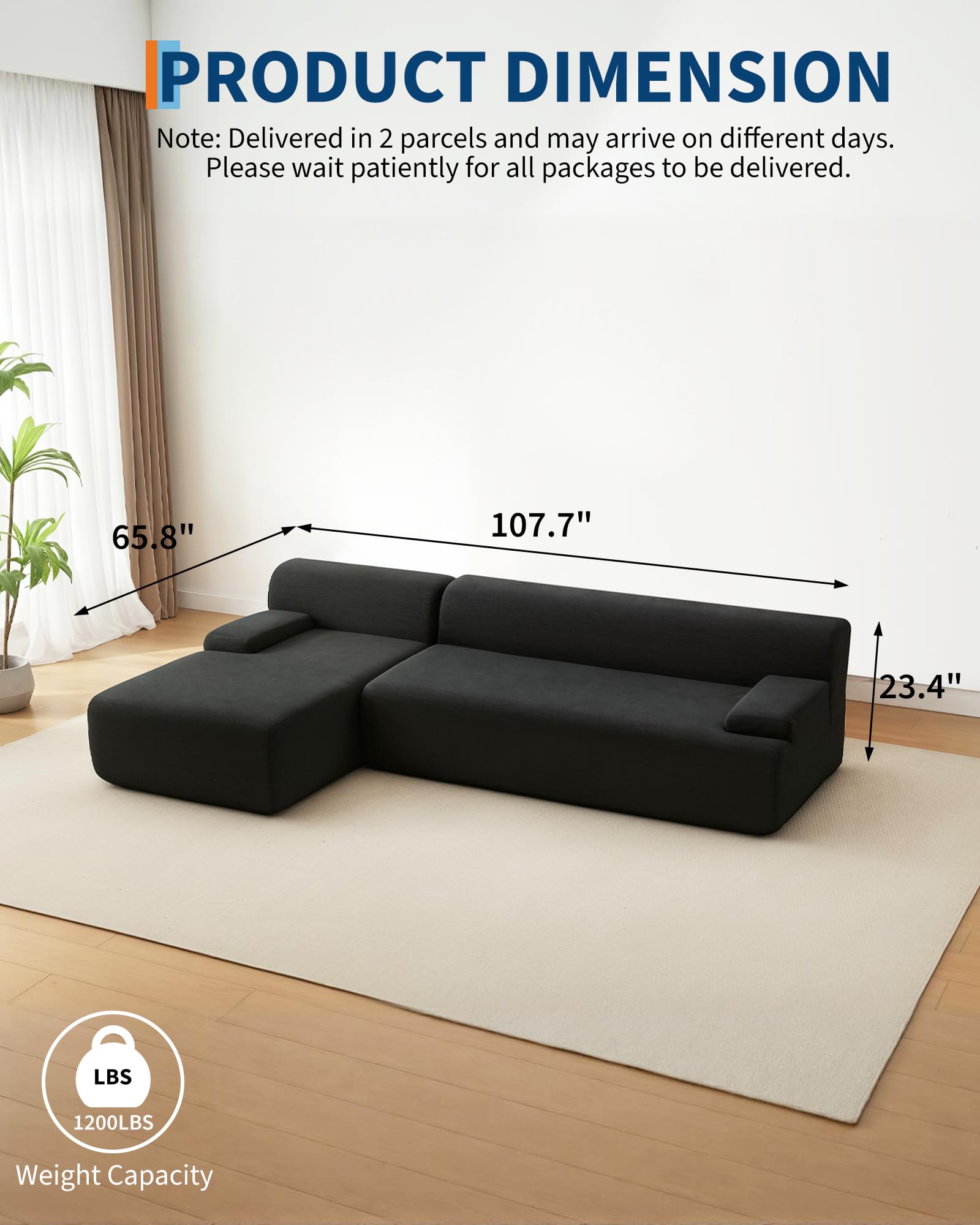 Divano componibile Garvee Cloud da 108" con chaise longue - Divano super soffice senza osso, velluto a coste ultra morbido, divano a L, accogliente, nero, soggiorno