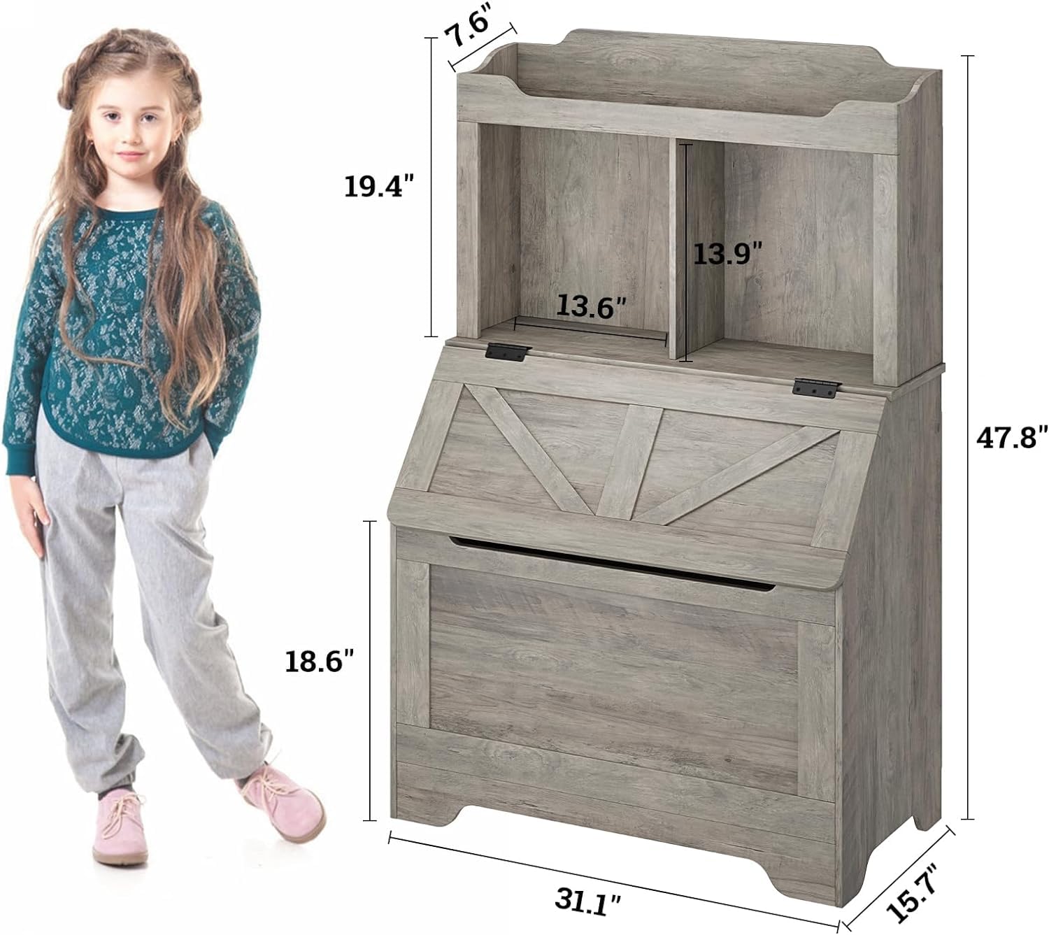 Libreria per bambini Garvee con coperchio incernierato, 2 ripiani, in legno, robusta e antigraffio, protezione antiribaltamento per sale giochi e camerette, grande, legno naturale