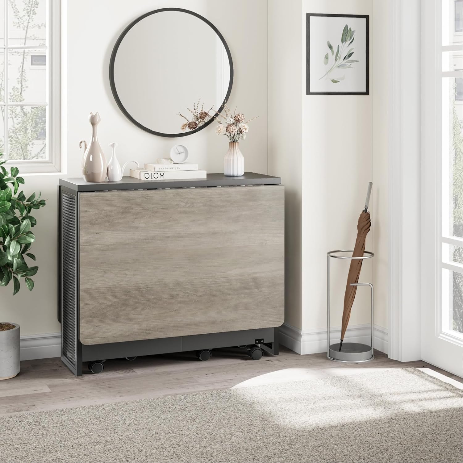 Tavolo da pranzo pieghevole Garvee Carlo Grey con 6 ruote e ripiano a 2 livelli per piccoli spazi 50,1"P x 31,4"L x 29,5"A