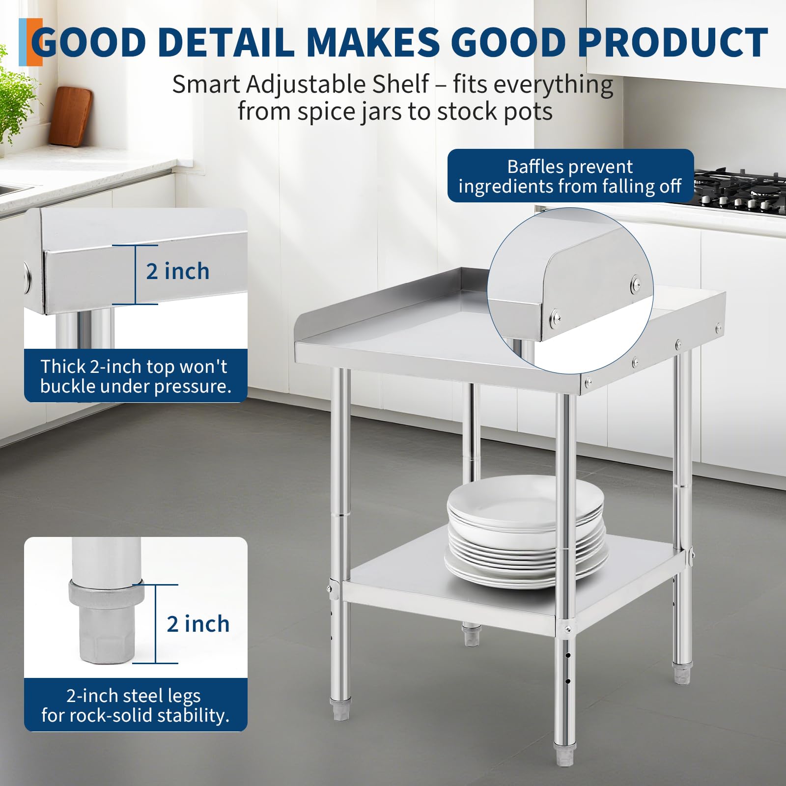 Tavolo da griglia in acciaio inossidabile Garvee 12x24x30 pollici con deflettore da 2 pollici e blocchi ruota per cottura e barbecue, capacità di carico di 660 libbre, certificato NSF, struttura robusta, argento