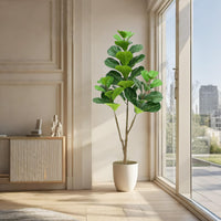 Albero artificiale di Ficus Lyrata Garvee da 5 piedi con vaso in vera corda, foglie regolabili, base in cemento stabile per soggiorno e ufficio, verde, 1,5 metri