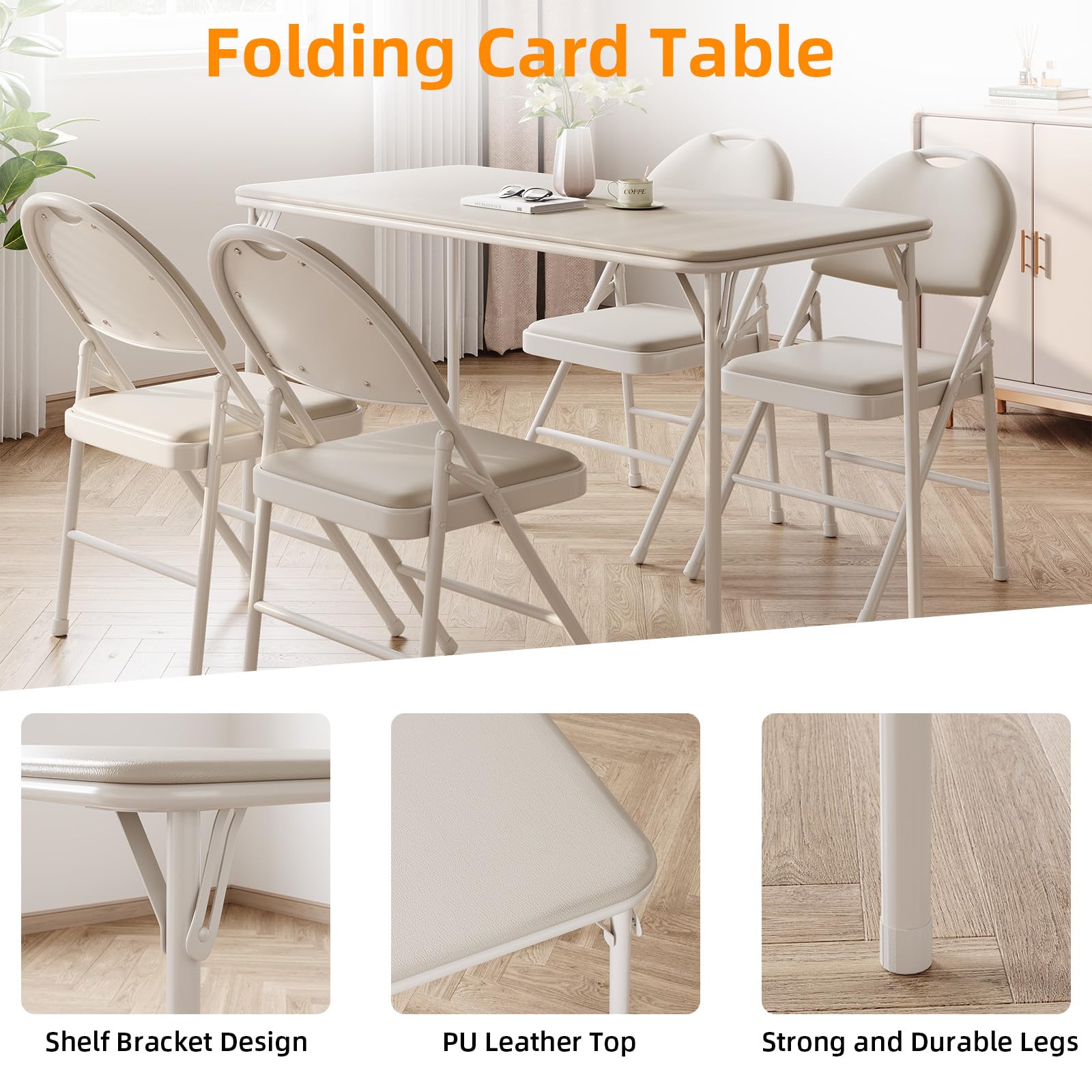 Tavolo pieghevole Garvee a 4 gambe, portatile, pieghevole, gambe in metallo, piano in similpelle, beige, per uso interno ed esterno