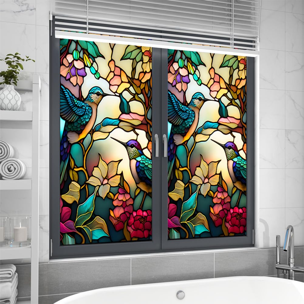 Garvee Pellicola per Finestra Retro PVC Hummingbird Flower, Privacy Non Adhesive, Stained Glass, Vinile Eco-Friendly, 45x100cm, Bagno e Decorazioni