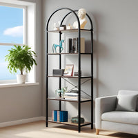 Libreria Garvee a 5 ripiani con arco, metallo robusto, grandi ripiani in legno per soggiorno e ufficio, 70,87" x 23,62" x 11,02", nero moderno