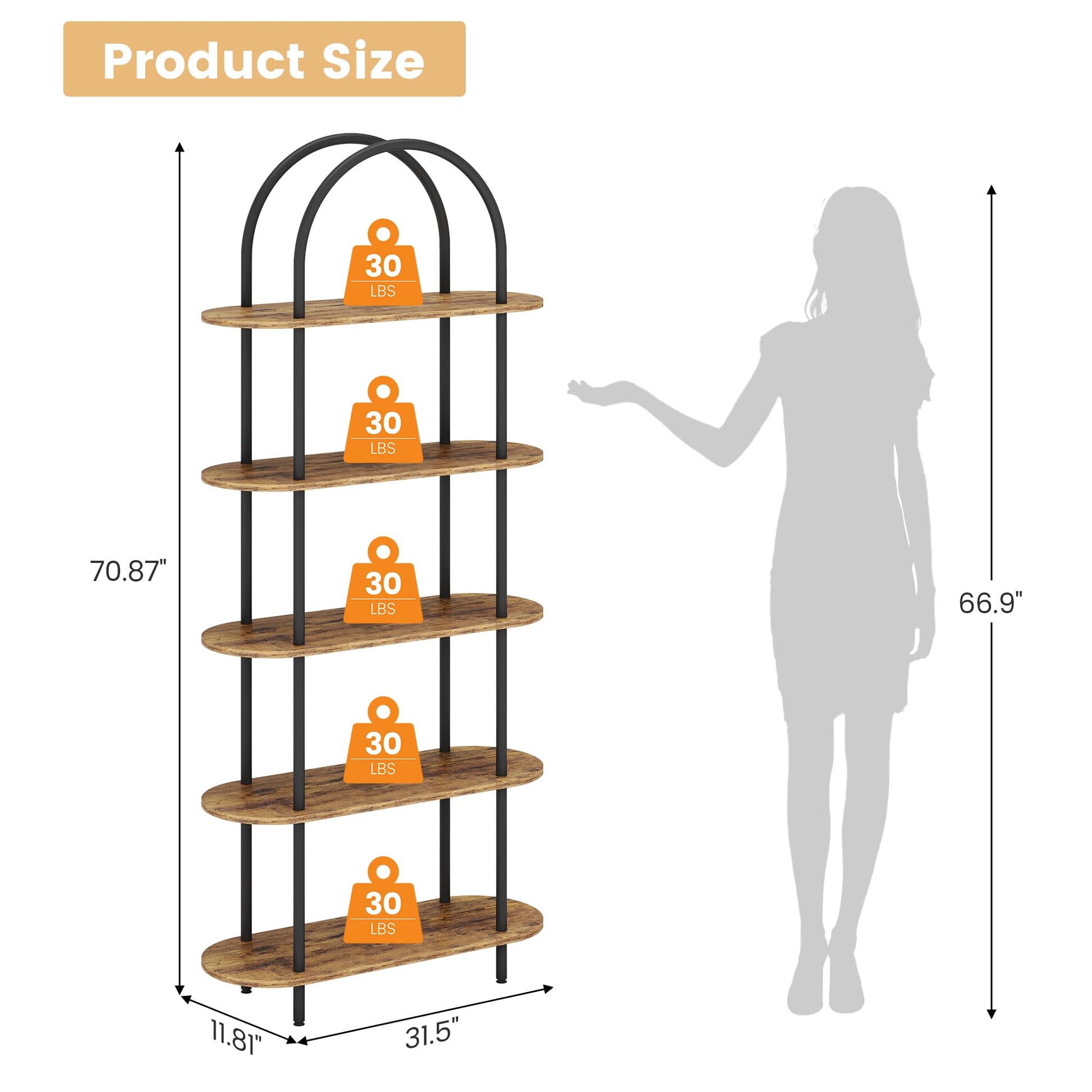 Libreria ad arco Garvee da 71" a 5 ripiani, struttura in metallo, in legno, per soggiorno, ufficio, capacità di carico di 30 libbre, antiribaltamento, piedini regolabili
