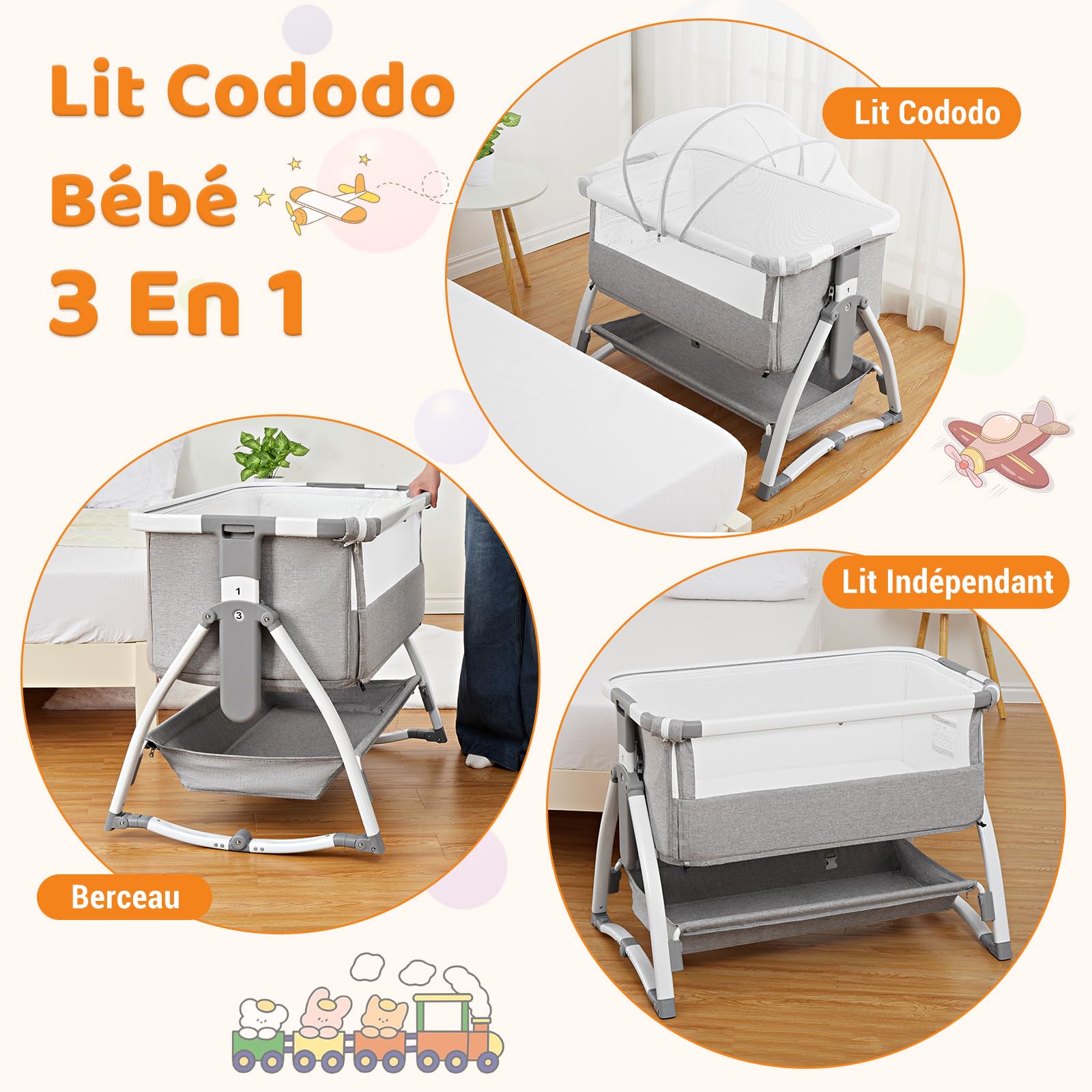GARVEE Lettino per bambini, Culla per bambini, Lettino da comodino 4 in 1, Lettino da viaggio per bambini