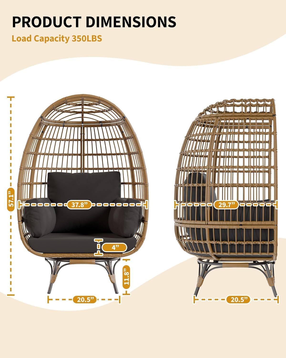 Sedia a uovo girevole a 360° Garvee in rattan con struttura in acciaio per patio e giardino, oversize, resistente alle intemperie, per interni/esterni, con 4 cuscini, nera