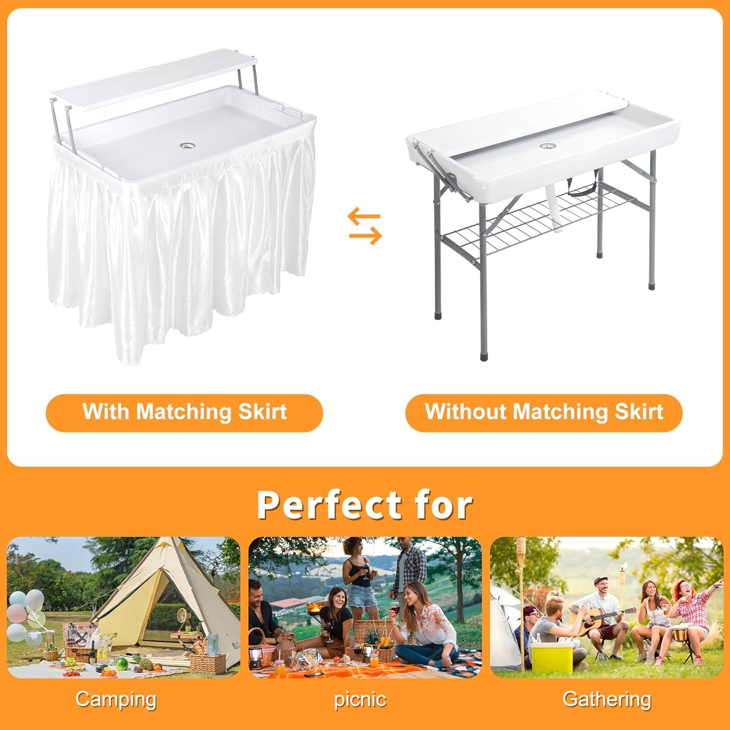 Tavolo portaghiaccio pieghevole Garvee con scarico, vassoio per ghiaccio a due livelli, portatile per campeggio, 40,5"x22"x39,4", materiale HDPE