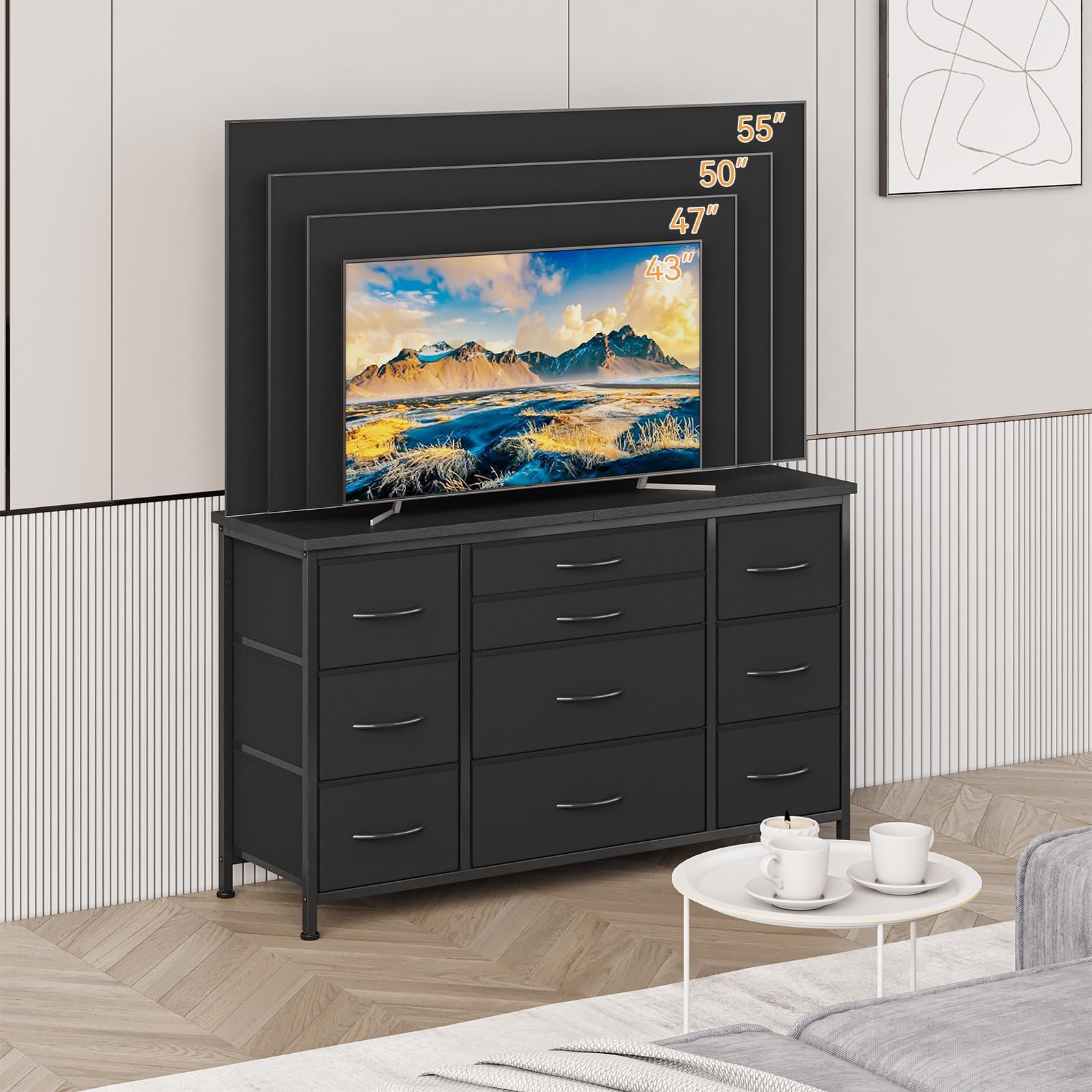 Cassettiera Garvee con 10 cassetti, cassettiera da 120 cm con gambe in metallo per camera da letto, soggiorno, ufficio, 120x70x40 cm, effetto legno