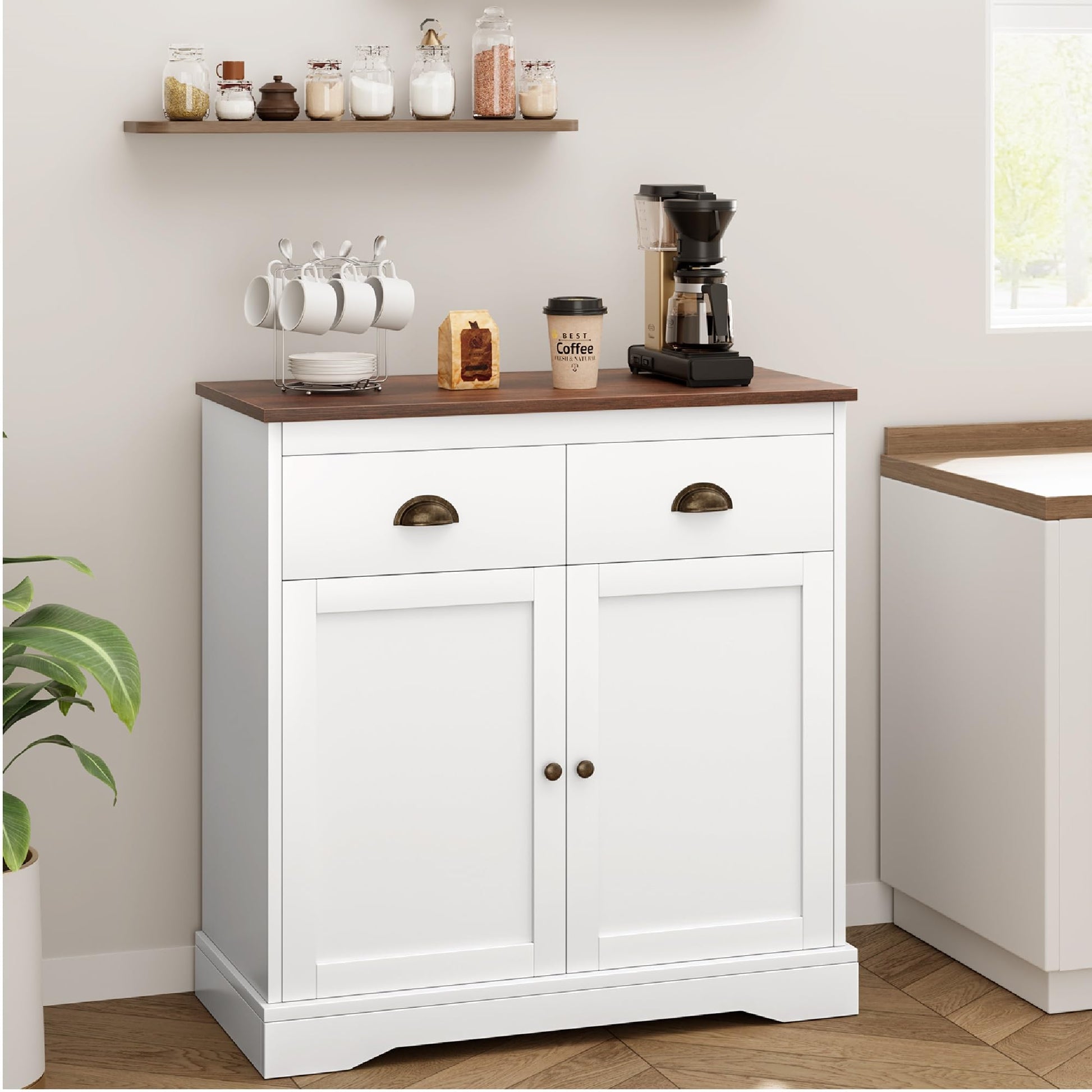 Garvee Buffet Bianco Rustico con 2 Ante e 2 Cassetti, Piano di Lavoro in Legno Resistente, Multiuso per Cucina e Sala da Pranzo, 41.3"x15.6", Marrone