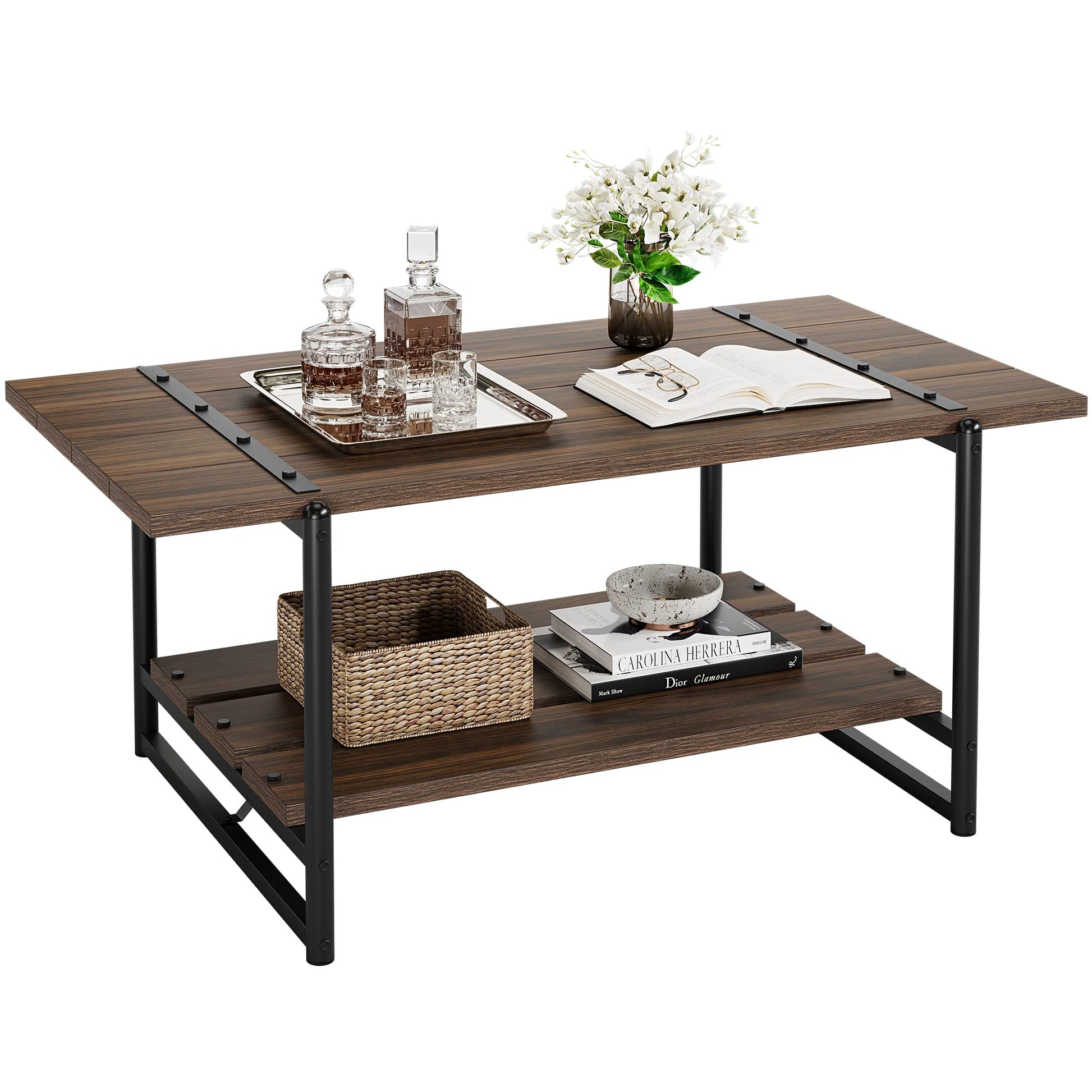 Tavolino da caffè Garvee a 2 ripiani in stile rustico, 41'', in legno grigio con struttura in metallo, per soggiorno e ufficio, ampio spazio di archiviazione, MDF robusto, stile industriale moderno