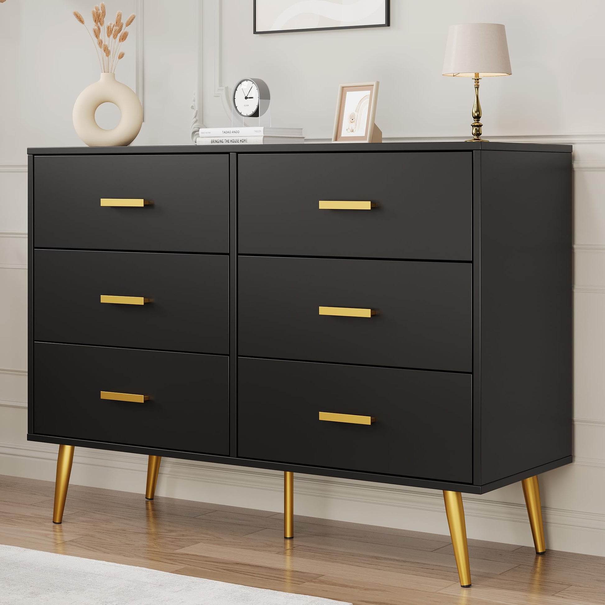 Cassettiera moderna Garvee a 6 cassetti con contenitore, in legno MDF, maniglie dorate per camera da letto e soggiorno, nera, versatile