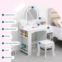 Tavolo da toeletta per bambini Garvee con luce LED e sgabello, regolabile, MDF, bianco, per bambine dai 3 ai 9 anni, sala giochi e camera da letto