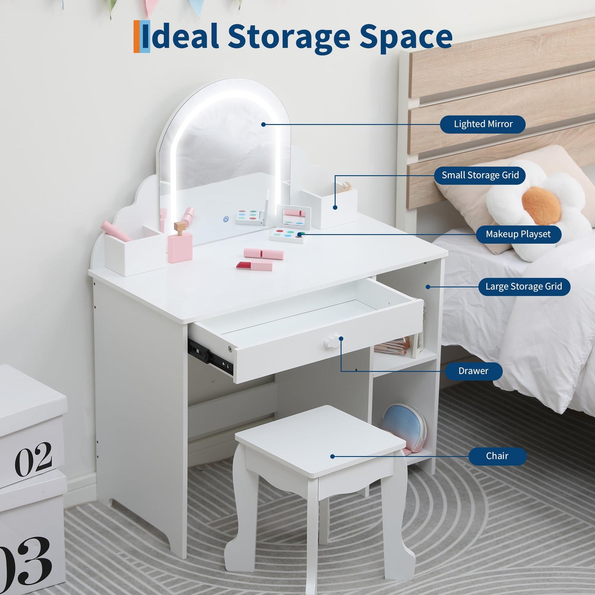 Tavolo da toeletta per bambini Garvee con specchio illuminato e sgabello per bambine dai 3 ai 9 anni, MDF, bianco, luce LED, ampio spazio di archiviazione