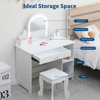 Tavolo da toeletta per bambini Garvee con specchio illuminato e sgabello per bambine dai 3 ai 9 anni, MDF, bianco, luce LED, ampio spazio di archiviazione