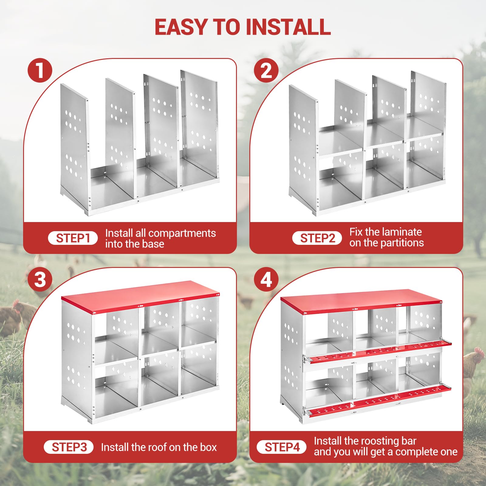 Nido per polli Garvee in metallo con ventilazione e barra oscillante, 6 scomparti, acciaio zincato, salvaspazio, facile da pulire, per polli e anatre