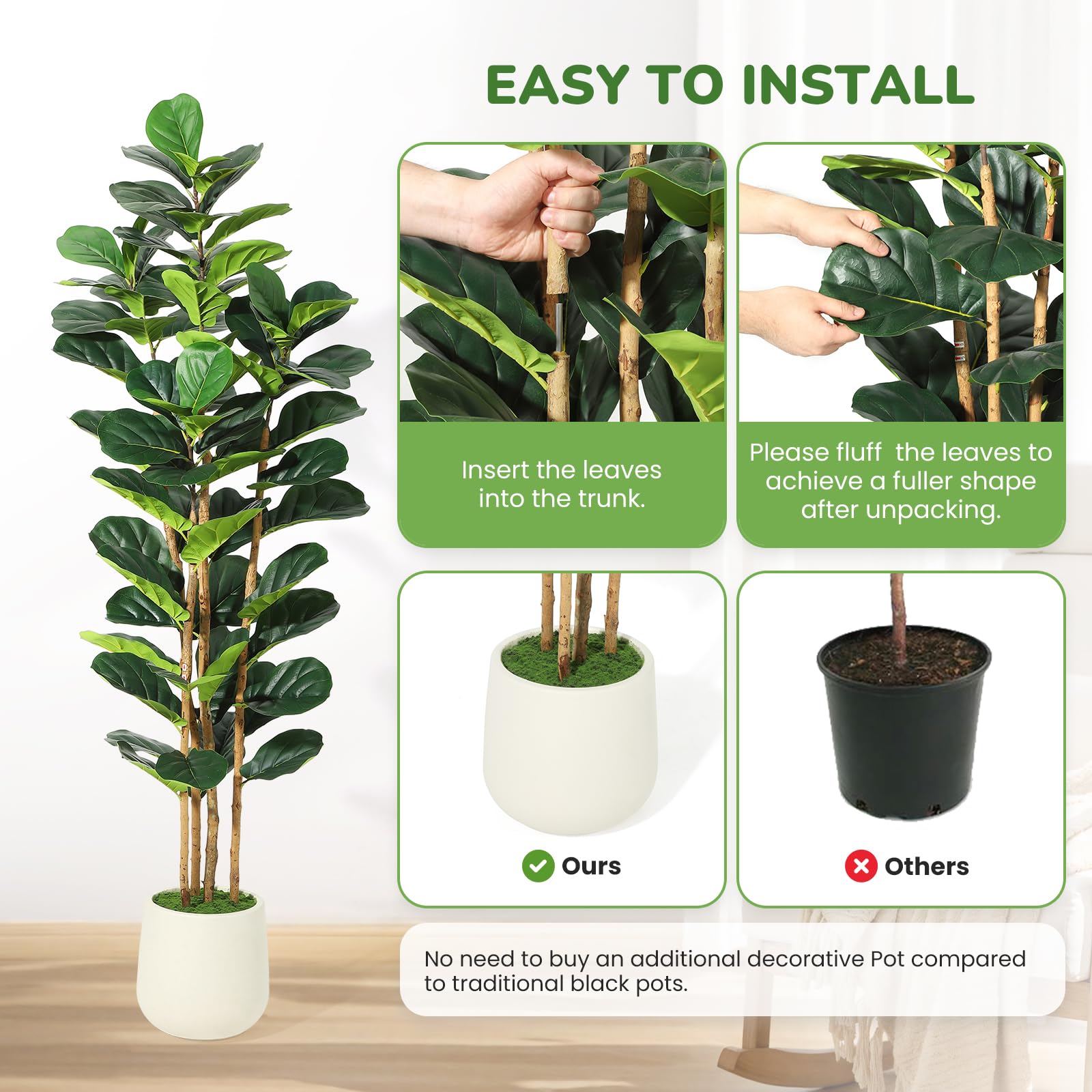Albero di fico artificiale Garvee da 6 piedi con 74 foglie, vaso in poliestere bianco, decorazione per interni ed esterni, rami regolabili, stabile e durevole
