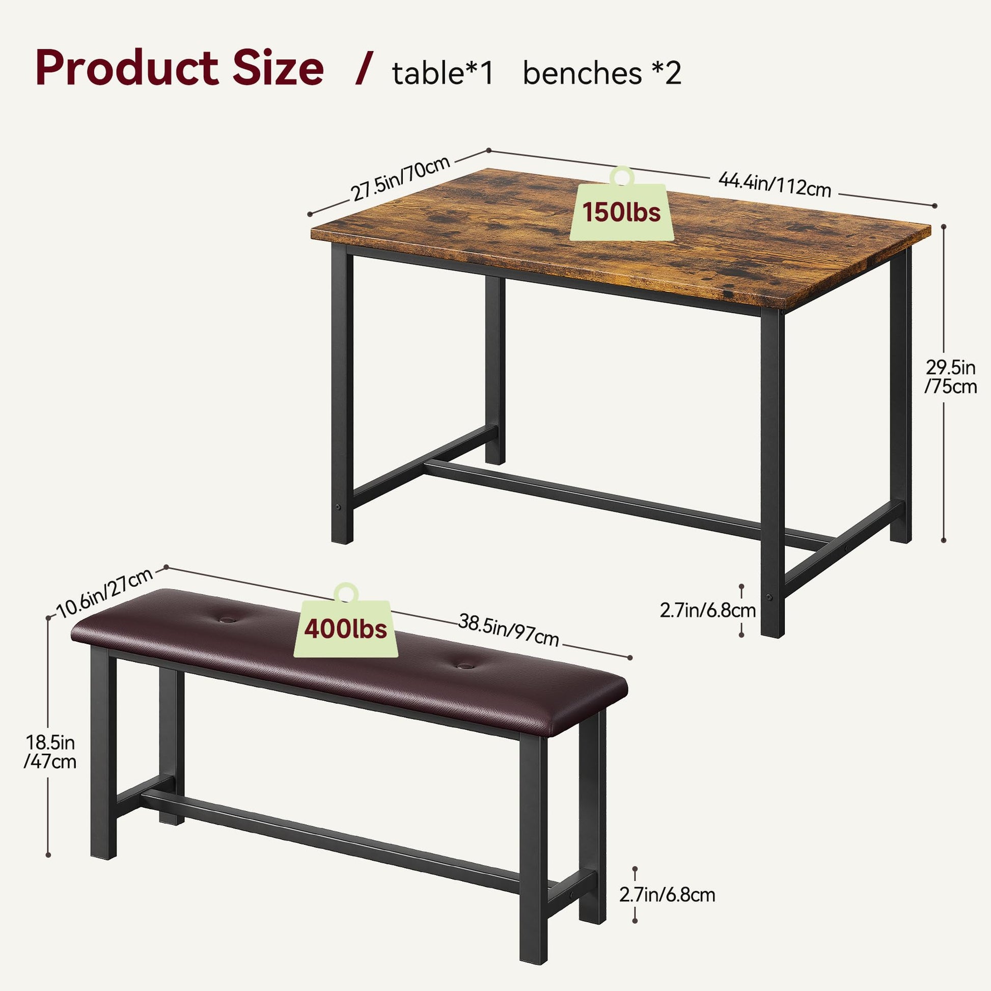 Set da pranzo Garvee per 4 persone con 2 panche imbottite, rettangolare, robusto MDF e acciaio, salvaspazio, impermeabile, per stanze piccole