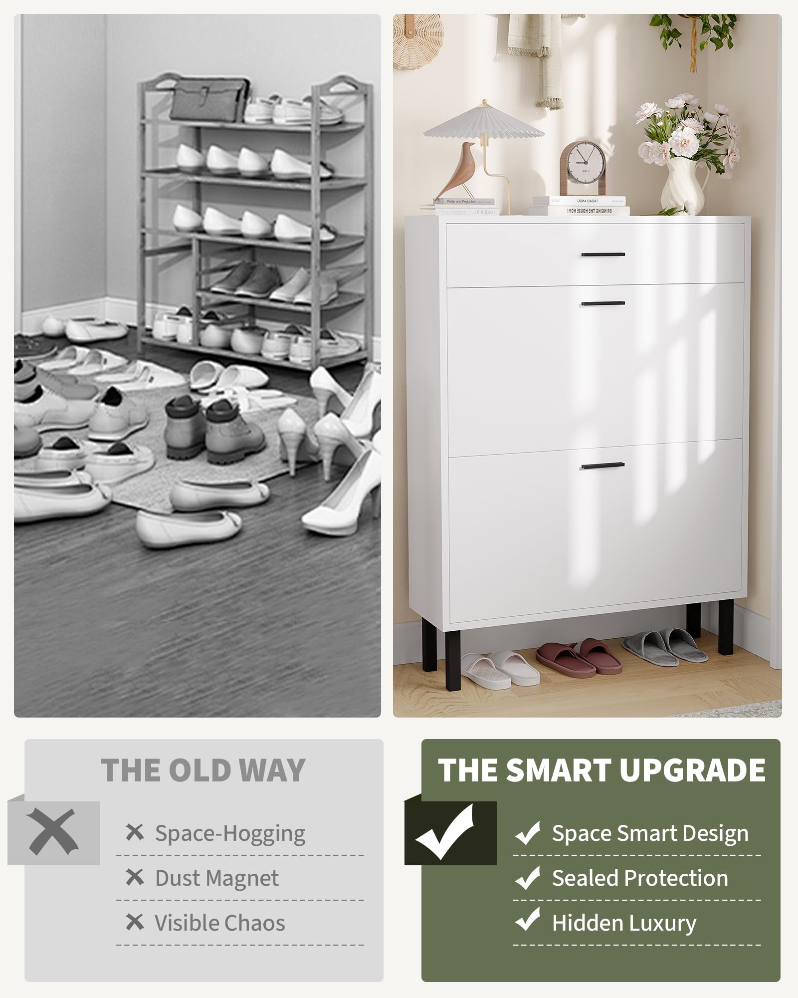 Scarpiera stretta Garvee con 3 cassetti e ripiani regolabili per corridoio e soggiorno, in legno MDF, antiribaltamento, moderna, colore naturale