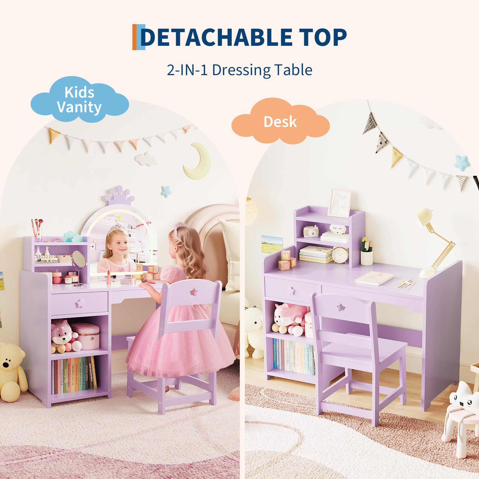 Tavolo da toeletta Garvee Kids con specchio a LED, set da toeletta 2 in 1 per principesse, in legno, con mensola e design sicuro per la cameretta delle bambine, bianco, compatto