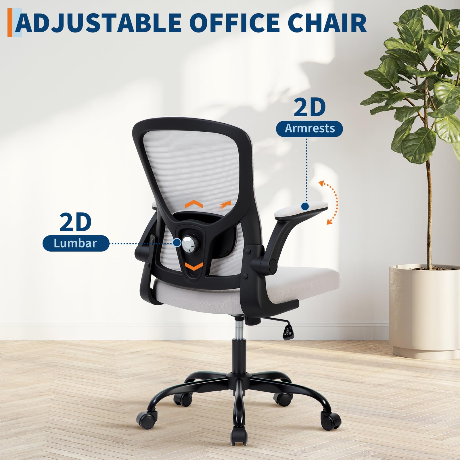 Sedia da ufficio ergonomica Garvee in rete con supporto lombare regolabile e braccioli pieghevoli per ufficio domestico, girevole a 360°, grigio