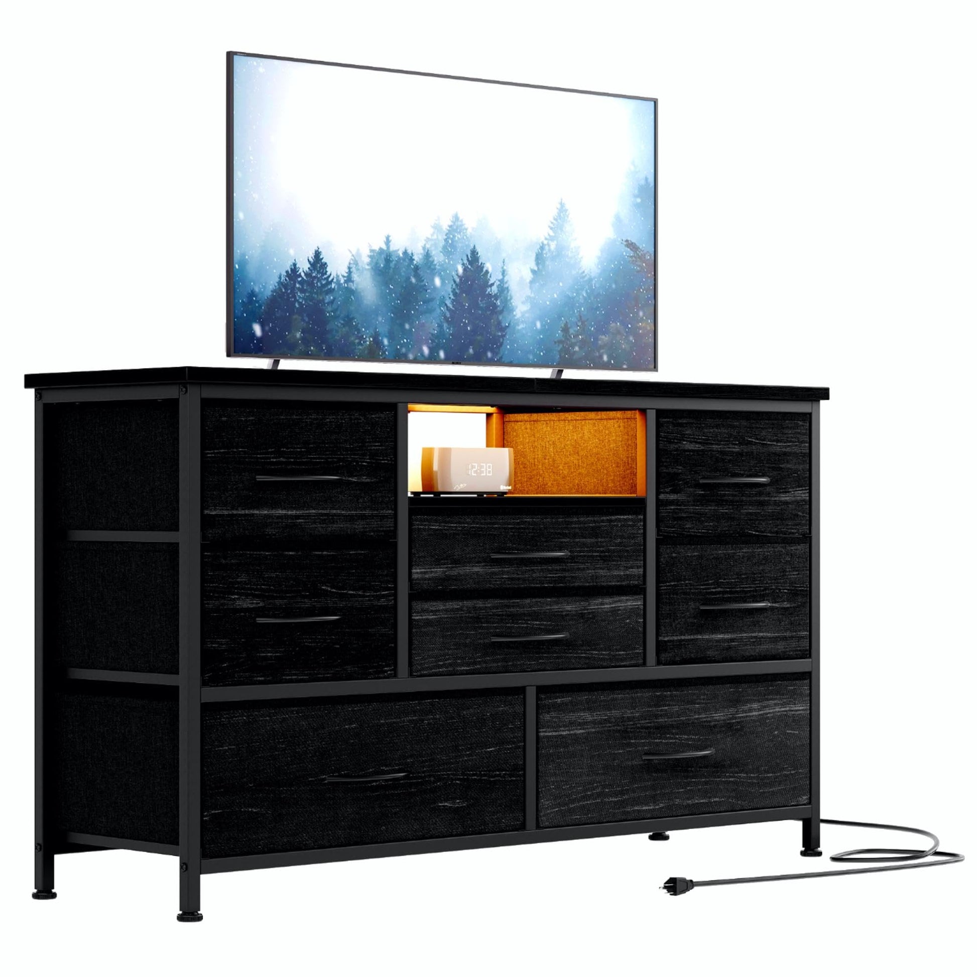 Mobile TV Garvee a 8 cassetti con illuminazione a LED e presa di corrente per soggiorno e camera da letto, legno MDF, luce RGB, ampio spazio di archiviazione, gestione dei cavi, bianco