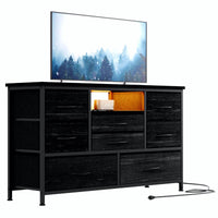 Mobile TV Garvee a 8 cassetti con illuminazione a LED e presa di corrente per soggiorno e camera da letto, legno MDF, luce RGB, ampio spazio di archiviazione, gestione dei cavi, bianco