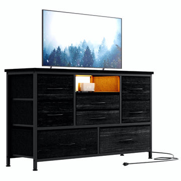 Mobile TV Garvee a 8 cassetti con illuminazione a LED e presa di corrente per soggiorno e camera da letto, legno MDF, luce RGB, ampio spazio di archiviazione, gestione dei cavi, bianco