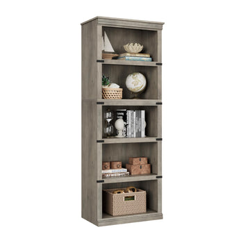 Libreria in legno Garvee a 5 ripiani con spazio per il soggiorno, 170 cm di altezza x 62 cm di larghezza x 32 cm di profondità, grigio, robusta, stile coloniale, MDF