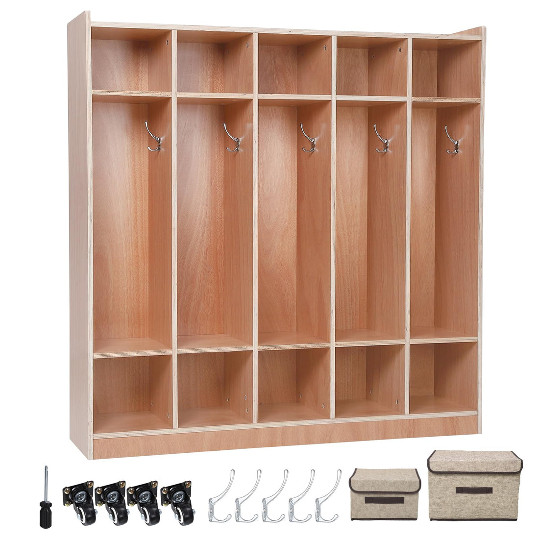 Armadio guardaroba Garvee a 5 sezioni con 10 scomparti, kit antiribaltamento, 4 ruote, 5 ganci, compensato per scuola e asilo, 54x13x48 pollici, legno naturale