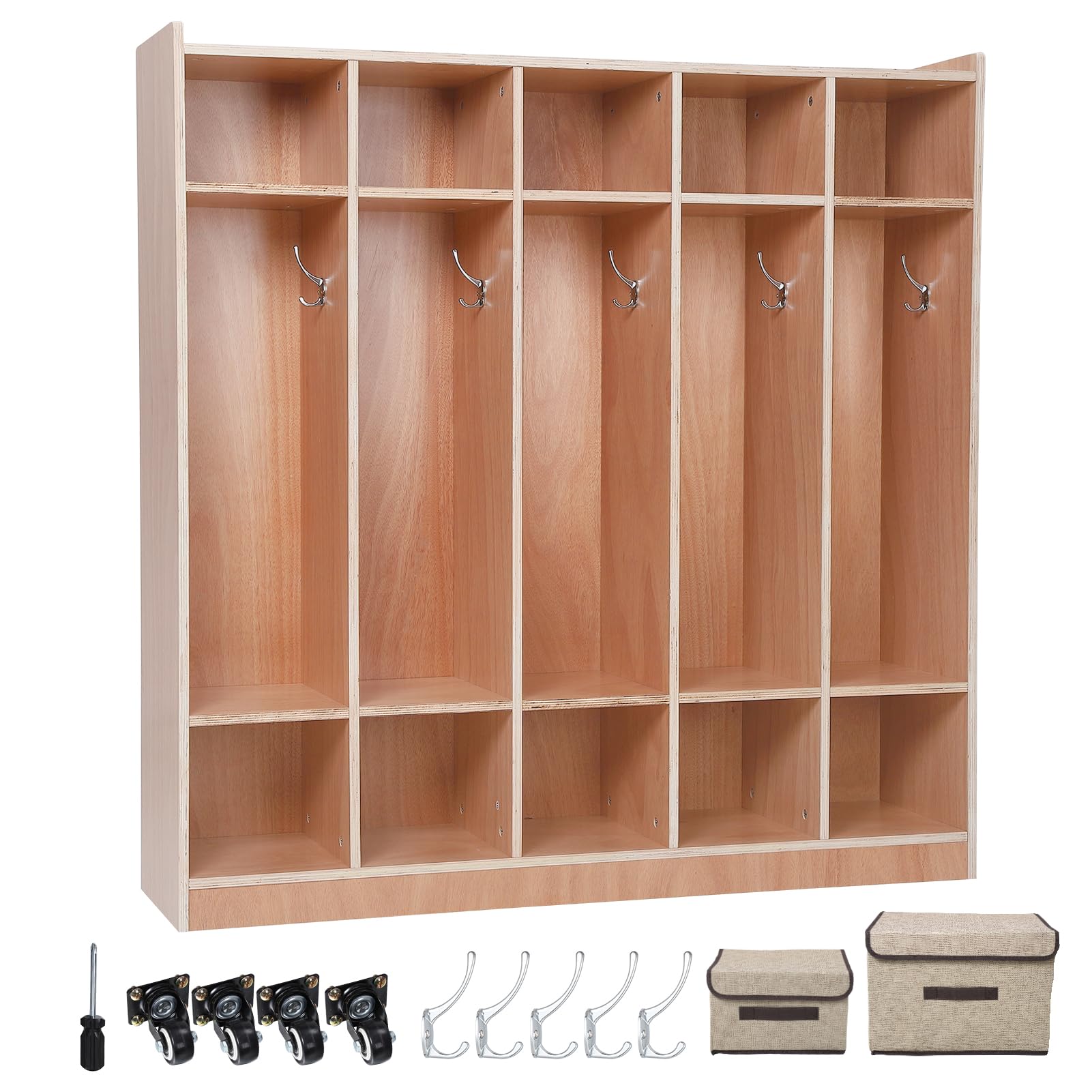 Armadio guardaroba Garvee a 5 sezioni con 10 scomparti, kit antiribaltamento, 4 ruote, 5 ganci, compensato per scuola e asilo, 54x13x48 pollici, legno naturale