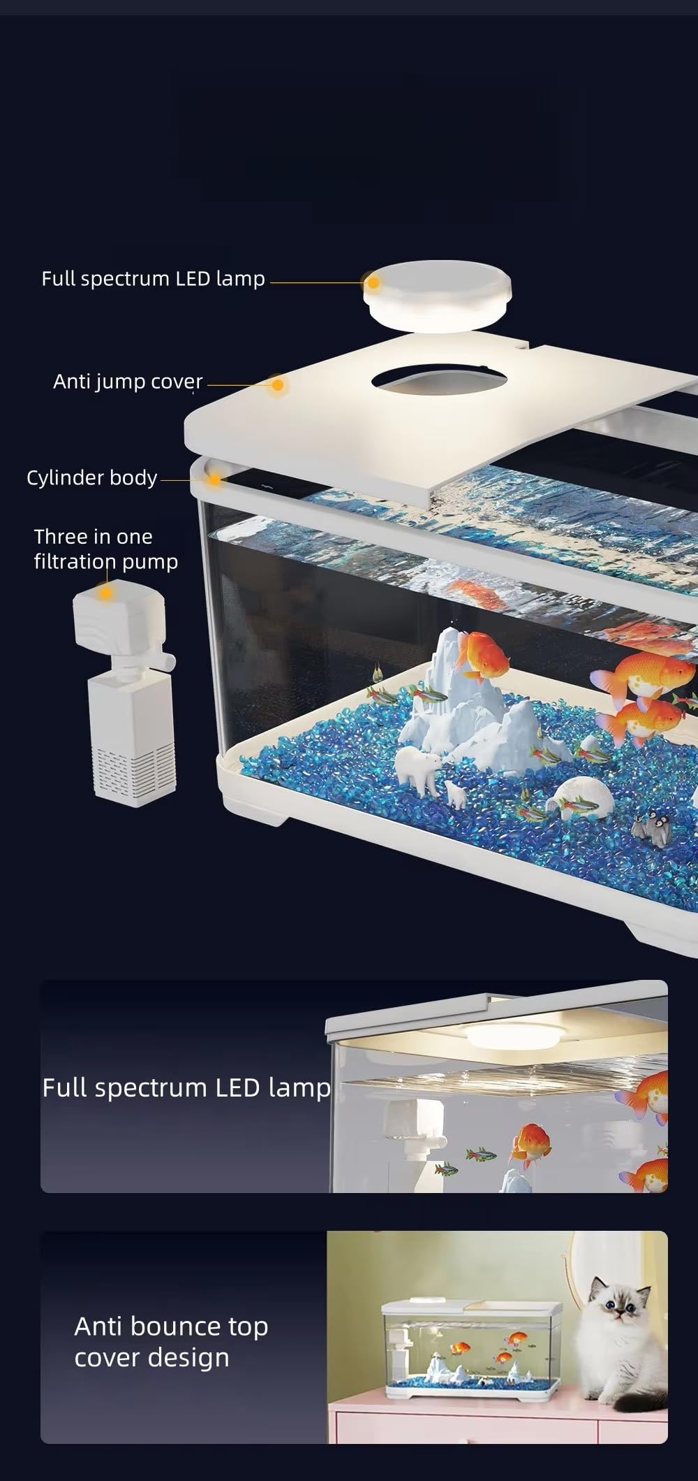 Acquario Garvee da 4 galloni con luce LED, generatore di ossigeno, acrilico, pompa filtro silenziosa, ecosistema autosufficiente, kit di avviamento per la casa