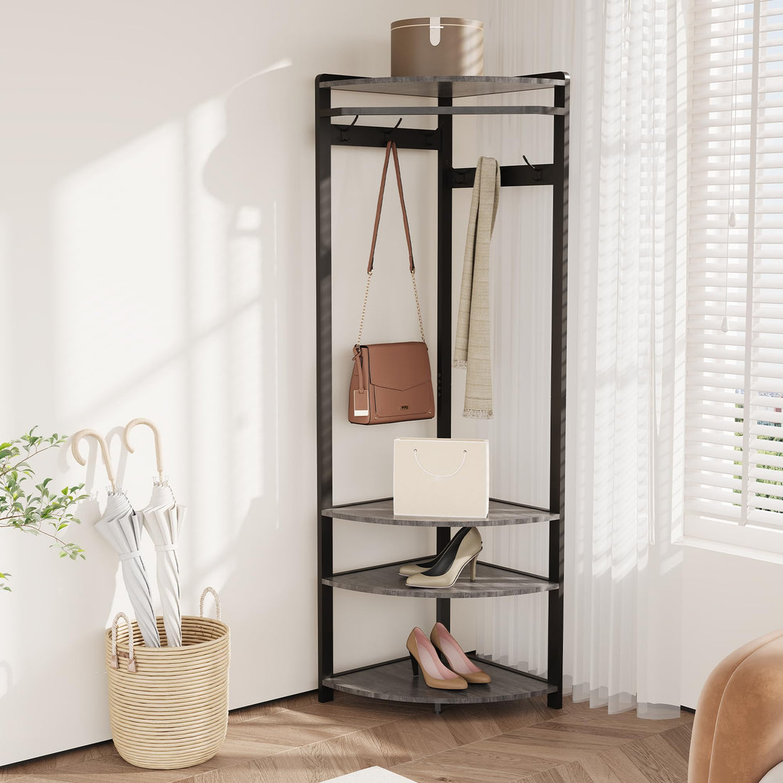 Armadio angolare Garvee con panca portascarpe, 6 ganci doppi, legno robusto, antiribaltamento, per corridoio e ingresso, 70,8 pollici, legno naturale